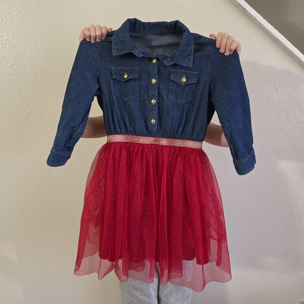Lilt Denim Tulle Dress Blue/red With Glittler &  Buttons,  S 7/8 Princess
